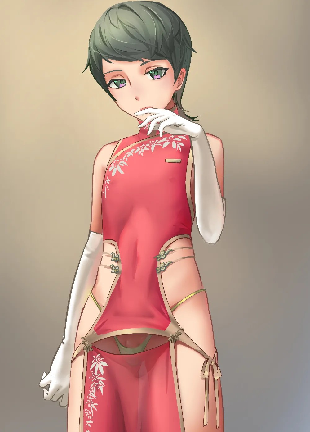 チャイナドレスを着る少年仲居