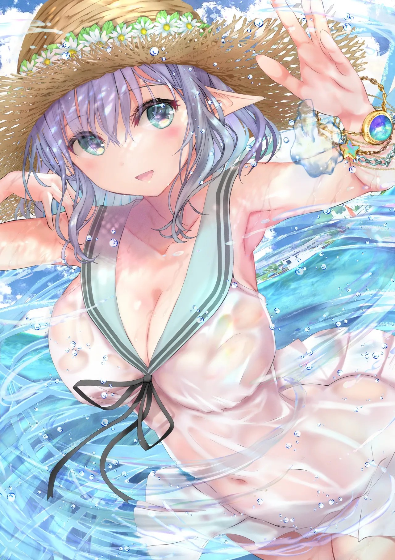 濡れ透けセーラーワンピ×競泳水着×水を操るエルフさん